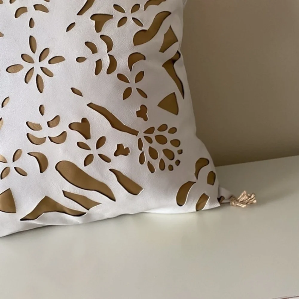 Anthropologie White Leather Gold Inlay Pillow